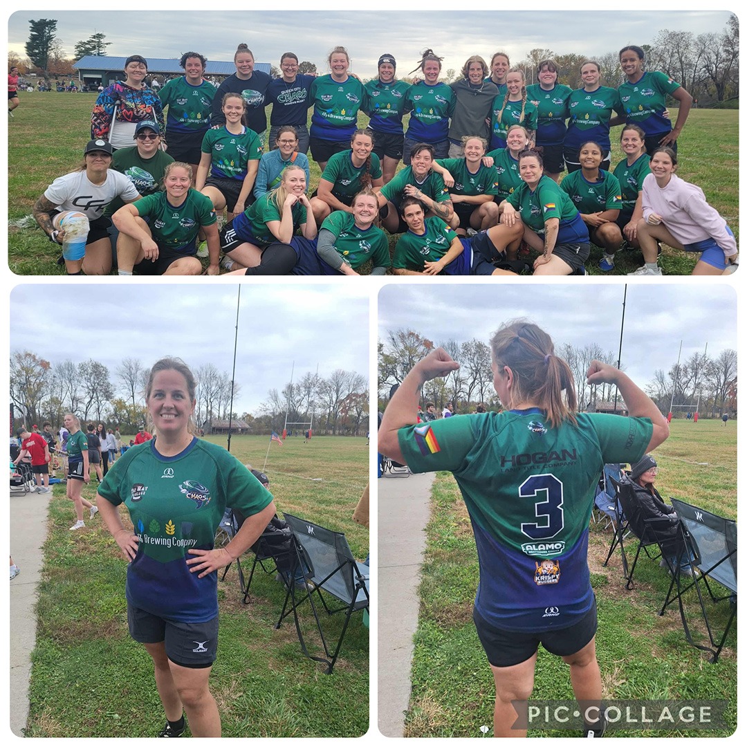 Sandy La Bahn – The Adoption Projects Sandy La Bahn's rugby team poses together for a group photo; below, one player stands smiling and shows the back of her jersey with the number 3 and the name "Hogan"